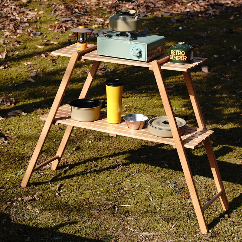 Camping Double-Layer Storage Rack Outdoor Storage Shelf Solid Wood Triangular Hanging Rack BBQ Picnic Storage Shelf