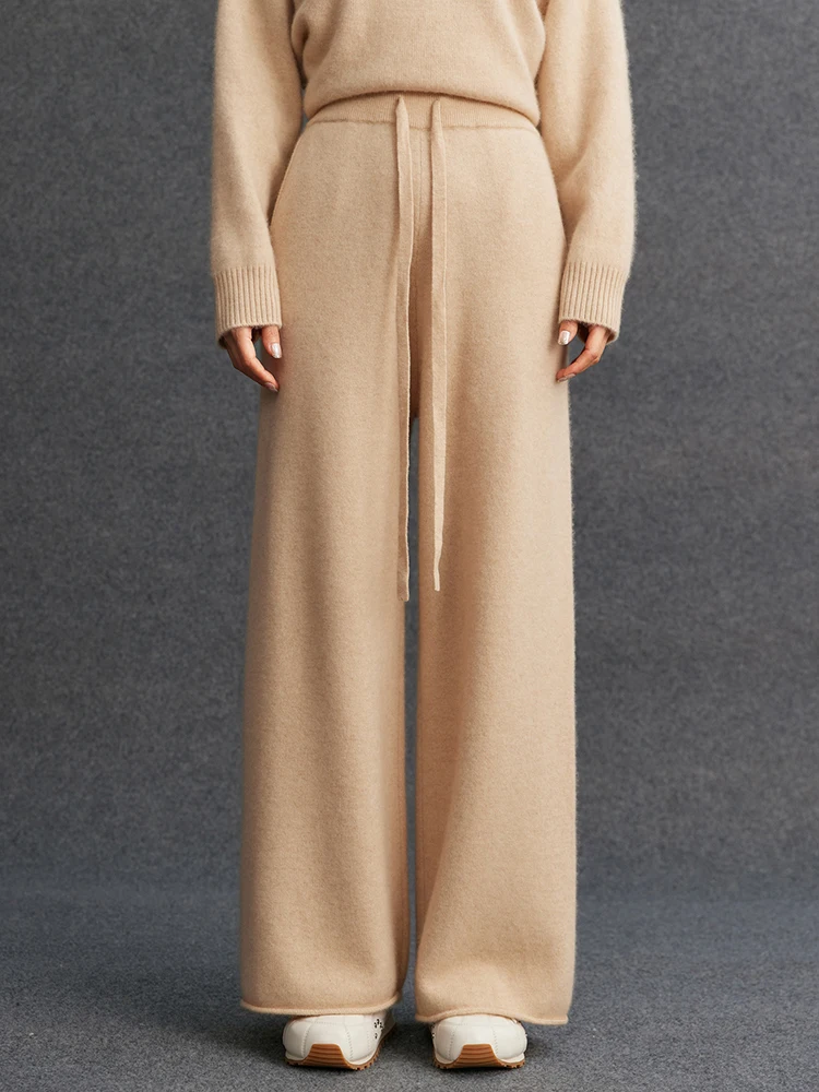 Женские трикотажные брюки из 100% кашемира, толстые плиссированные широкие брюки, осень-зима, повседневные кашемировые трикотажные брюки в простом стиле