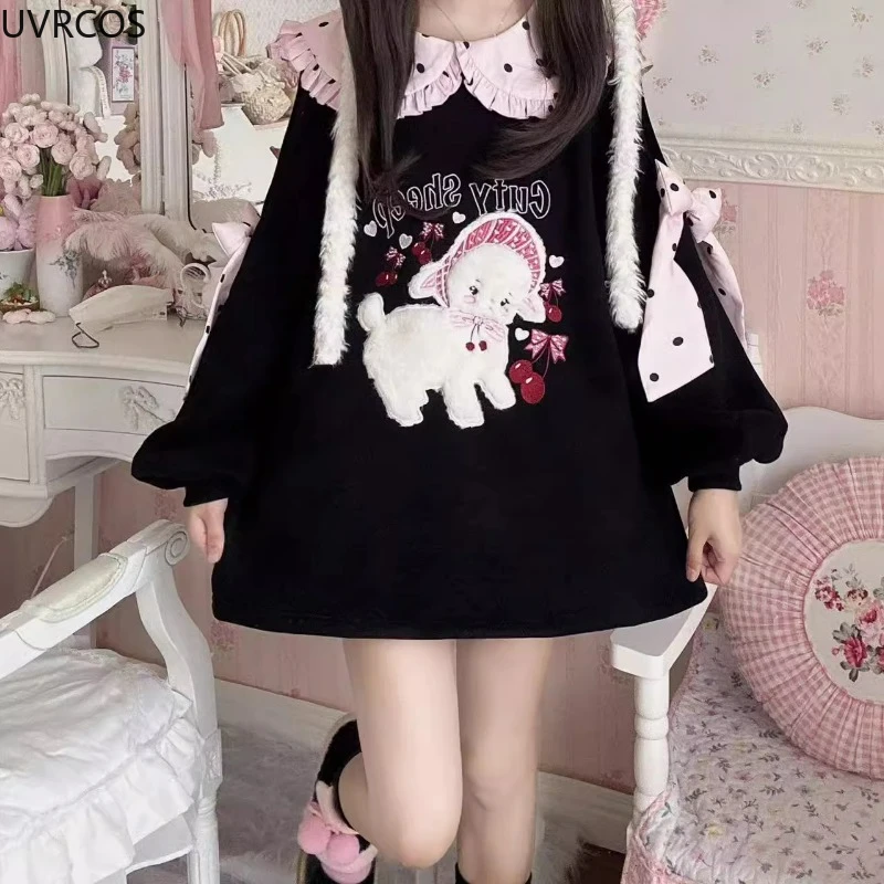 Japanese Kawaii Lolita Hoodies Women Sweet Cartoon Lamb Embroidery Fashion Pullovers Y2k Aesthetic Casual Loose Bow Sweatshirts