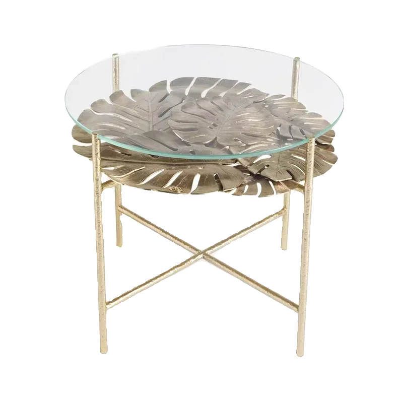 

Light luxury pure copper designer home villa living room tea table brass glass leaf shape luxury edge table