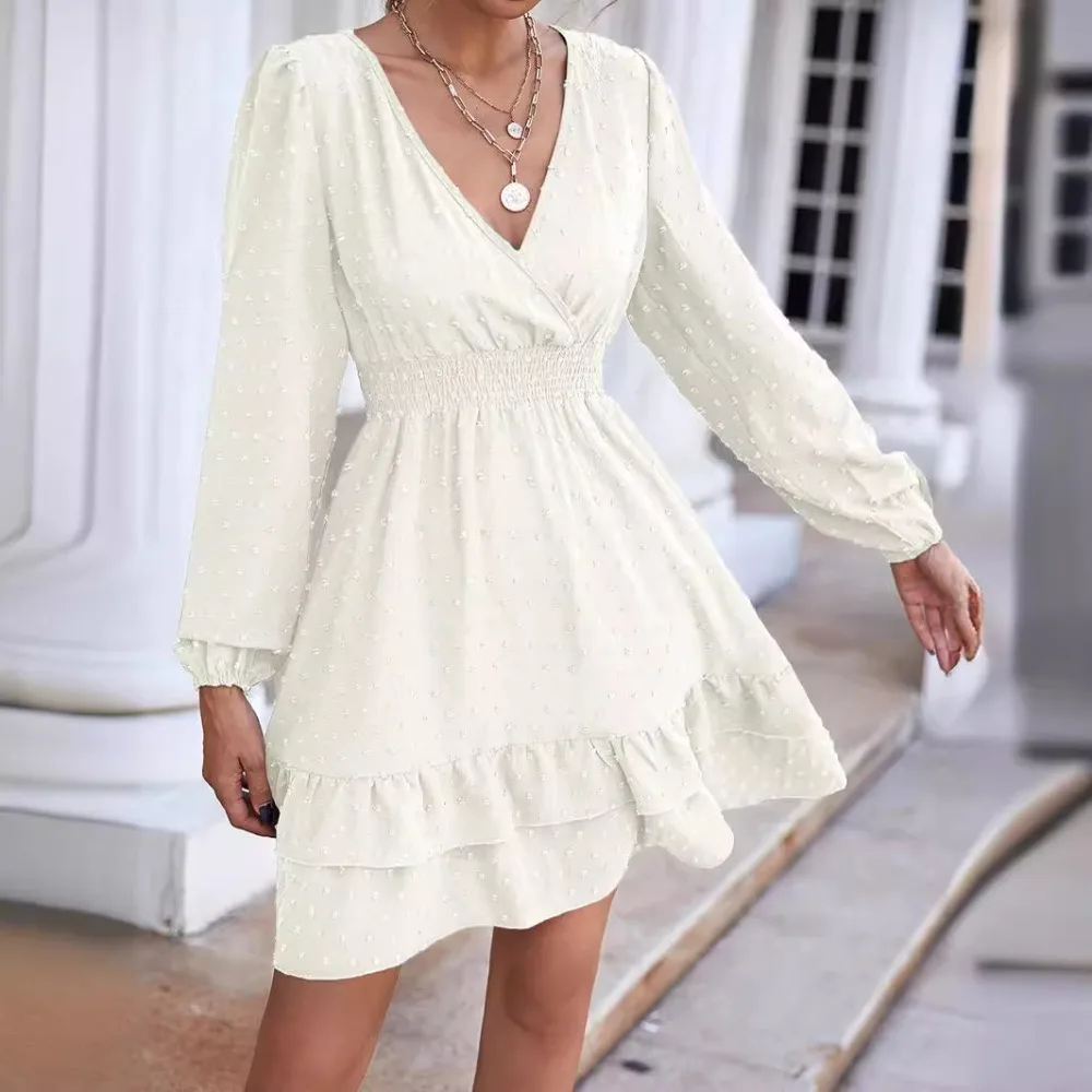 

2024 Women's Spring and Autumn Pink A Line Chiffon Fashion Dresses V Neck Waist Ruffle Woman Hedging Lantern Long Sleeve Dresses