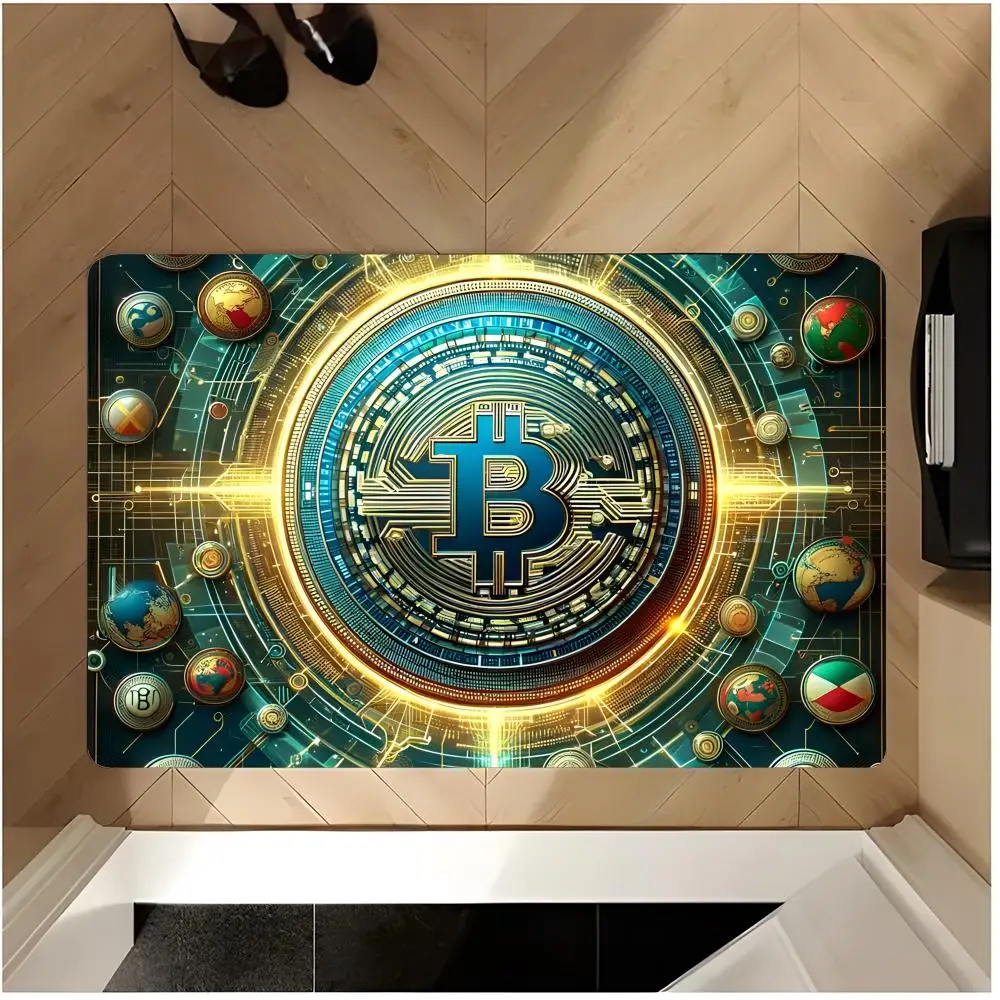 Currency Digital B-Bitcoin Floor Mat Non-Slip Washable Flannel Door Mat Absorbent Indoor Floor Rug