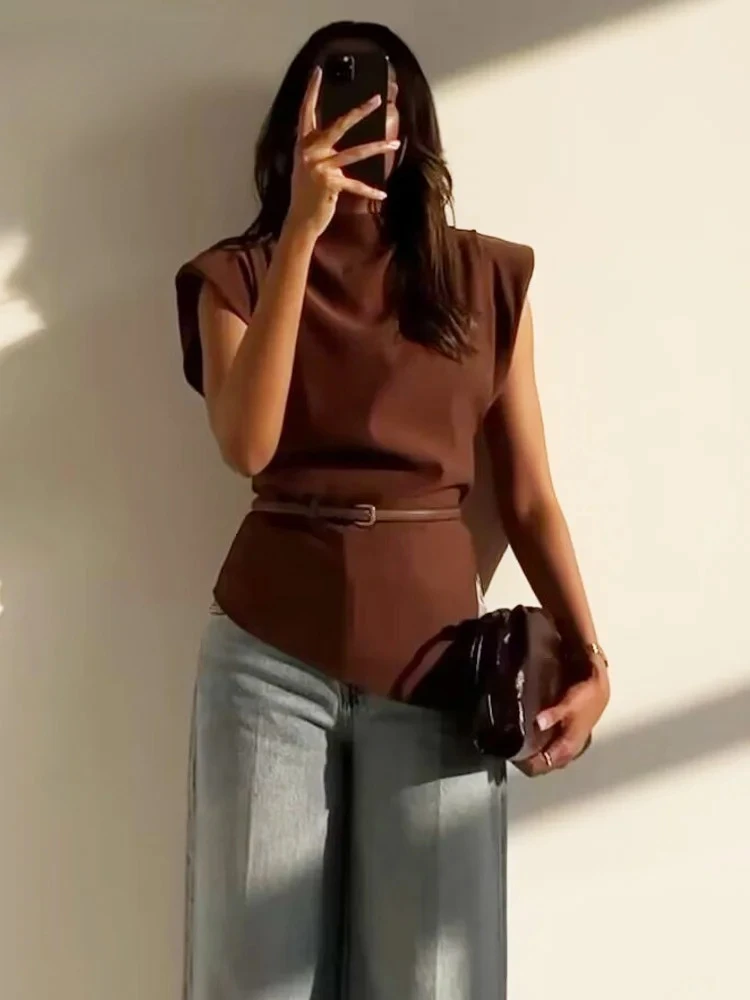 BWQ 2025 Damskie Bluzki z Falbankami Asymetryczne Top Bez Rękawów i Koszulki na Ramiączkach Marszczone Bluzki Bez Rękawów Kamizelki Bordowe Brązowe Czarne Top Bez Rękawów