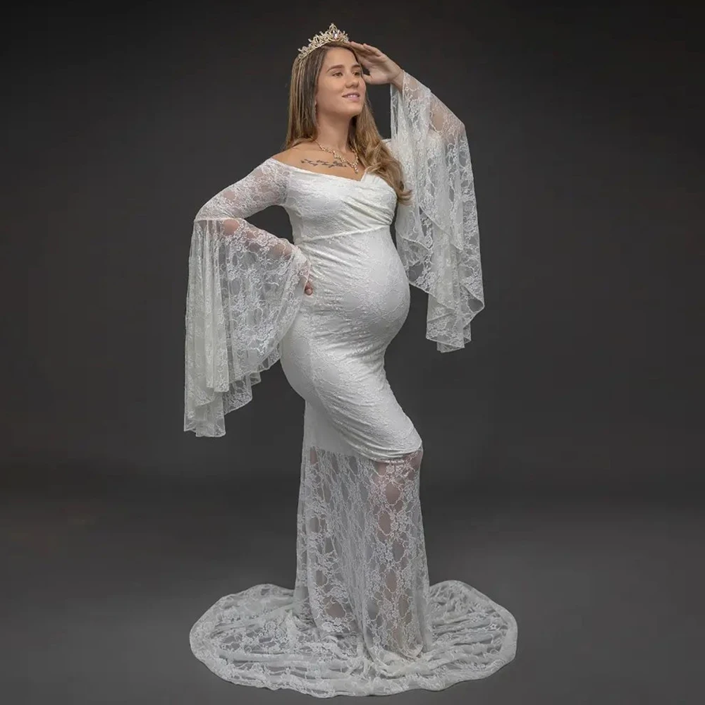 Maternity Photoshoot Outfit Lace Bell Sleeves Off Shoulder Gown Pregnant Women Dresses For Photography Baby Shower