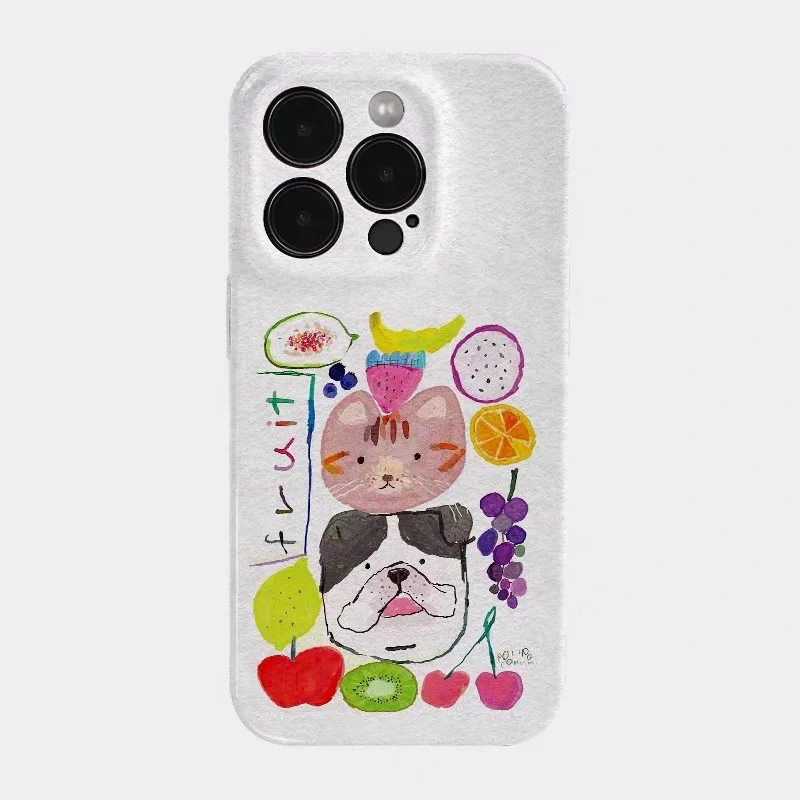

White Cat Dog Fruit Illustration Phone Case for IPHONE 17 Air 16E 15 PROMAX 14 Plus 13 12 MINI 11 16Plus XR Acrylic Phone Cover