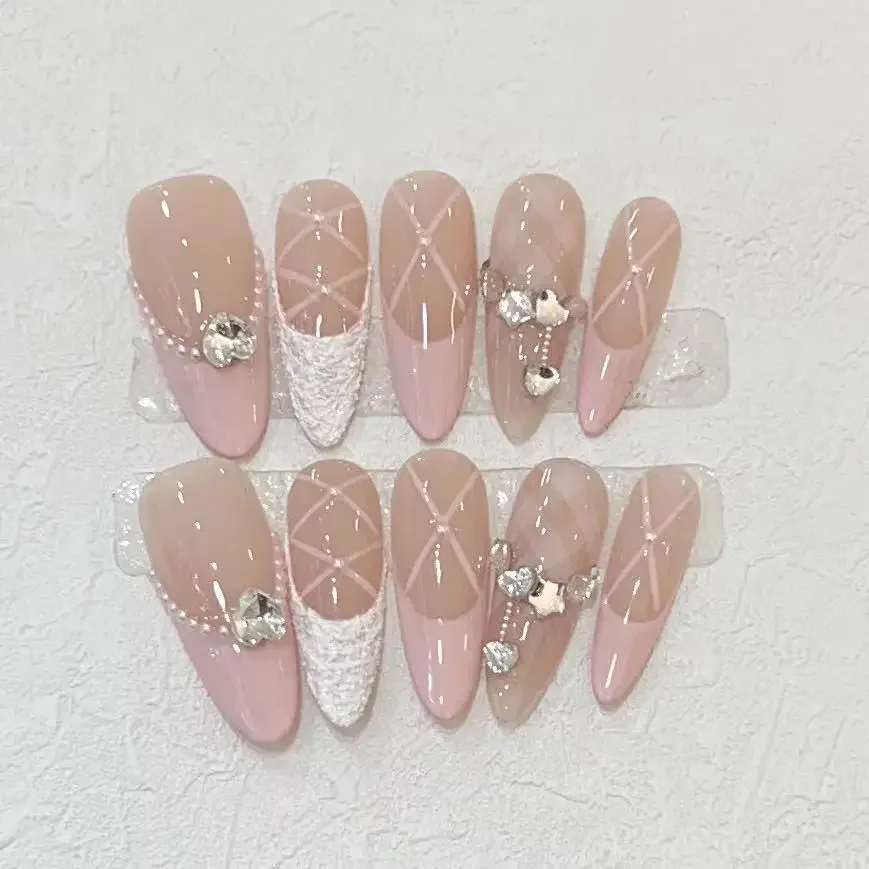 10PC wearable Princess Pink y2k French almond fake nails press on long handmade acrylic ballet diamond false nail tips with glue