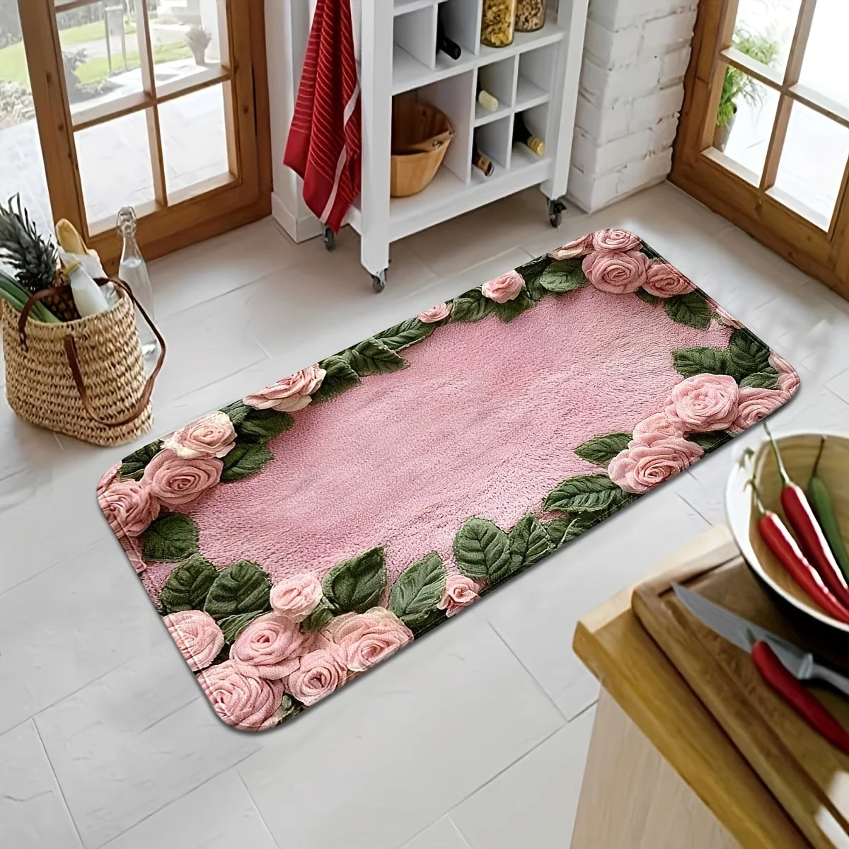 VIKAMA 1/2 Stück Teppich mit rosa Rosenmuster zum Valentinstag, rutschfest und schmutzabweisend. Wasserabsorbierender Wandteppich für Küche und Badezimmer.