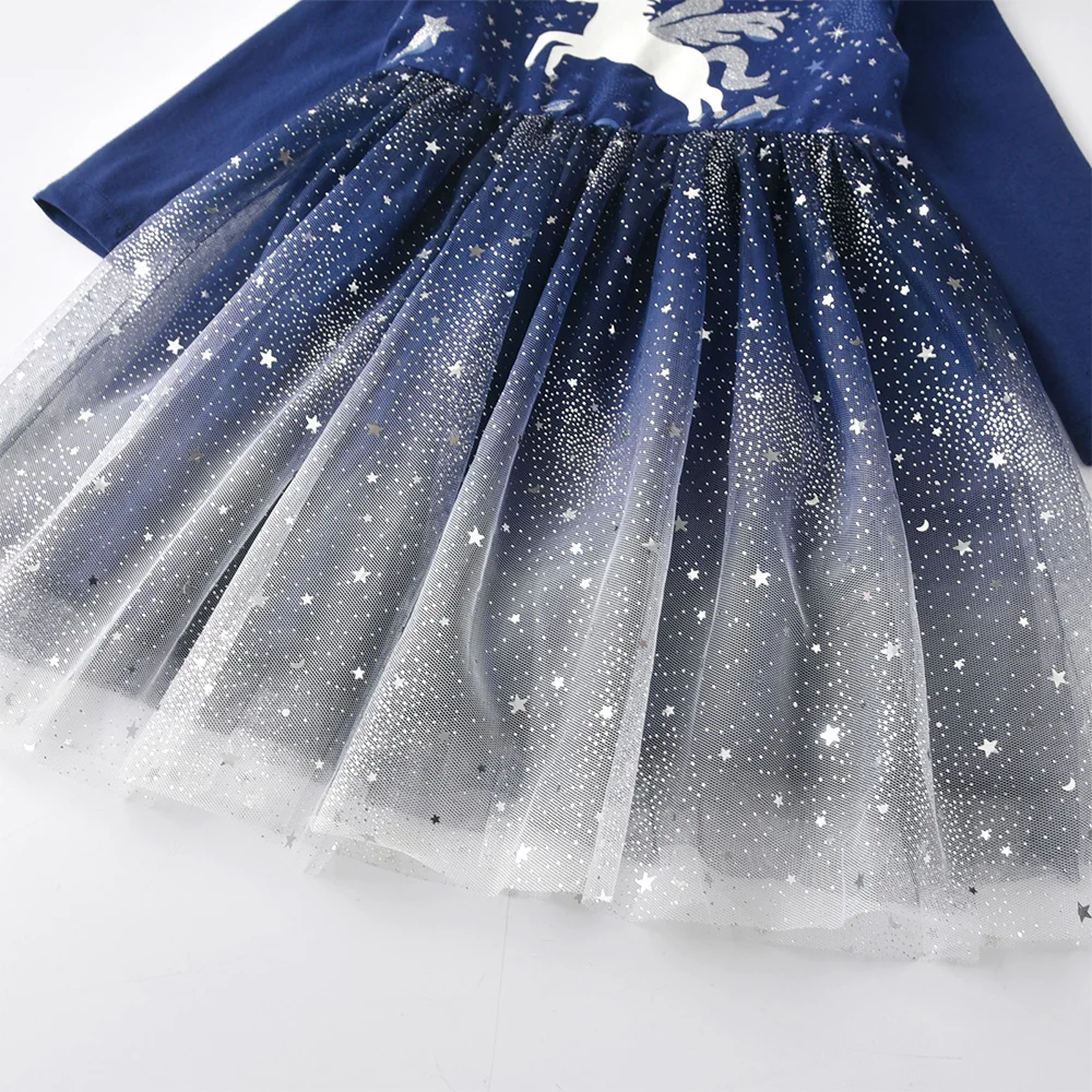 Mädchen Marineblau Sternenhimmel Glitzer Elegantes Tutu Kleid Kleinkinder Kinder Silber Einhorn Rüschen Schultern Fantasie Party Prinzessin Vestidos – Detail 7