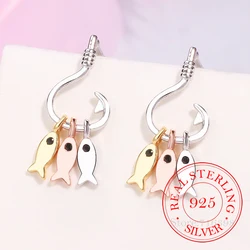 100% Real 925 Sterling Silver 3 Colors Fish Hook Dangle Earrings for Women Unique Design Fishing pendientes plata 925 Fine