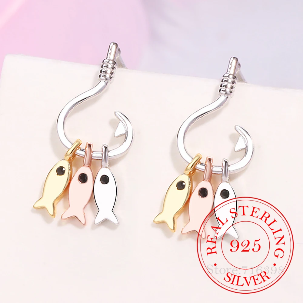 100% Real 925 Sterling Silver 3 Colors Fish Hook Dangle Earrings for Women Unique Design Fishing pendientes plata 925 Fine