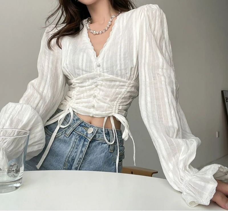 

2026 Spring New Top Short Drawstring Super Fairy Top Thin Long-sleeved Women