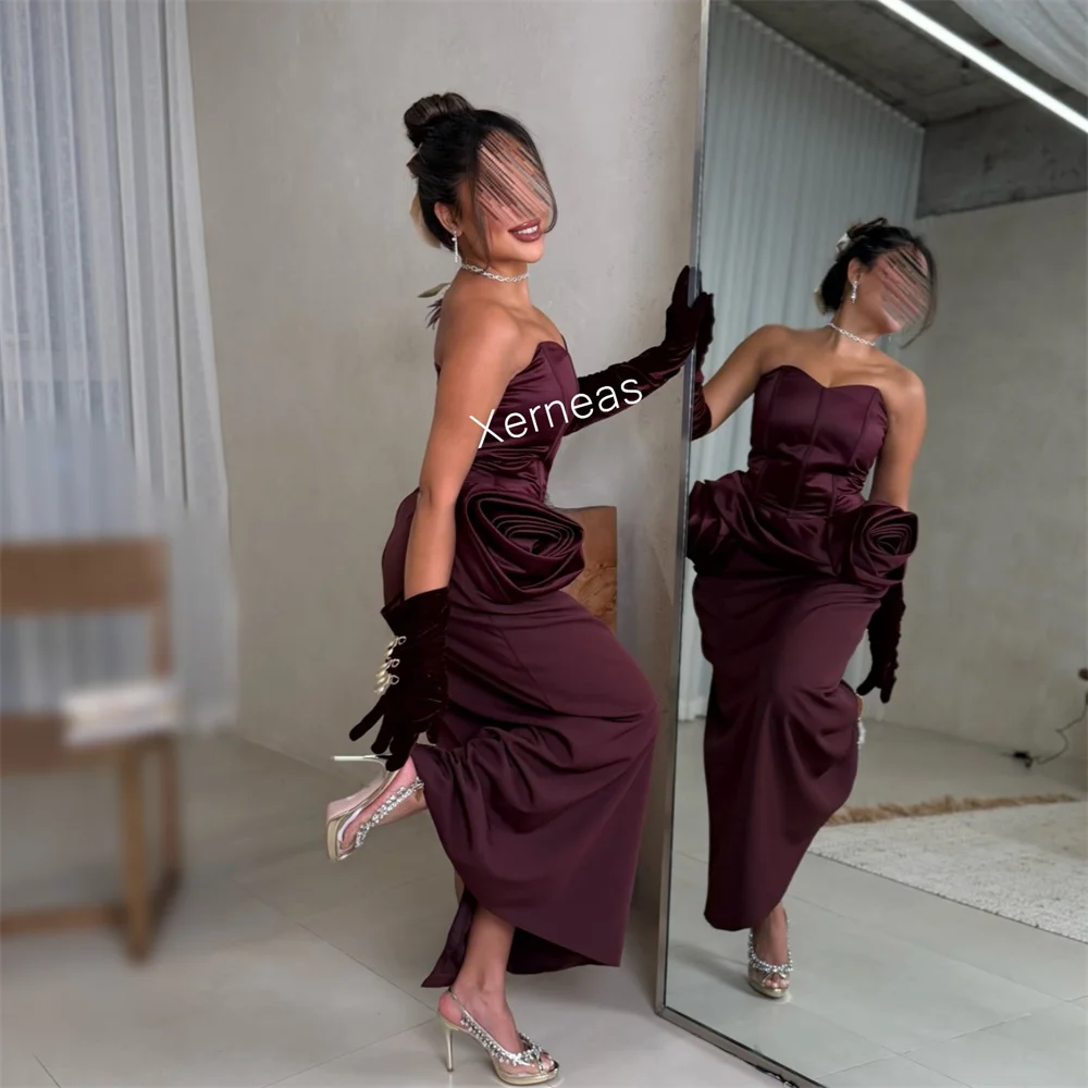 Charmeuse personalizado, flores hechas a mano, plisado, escote en forma de corazón, vestidos Midi rectos, ocasión a medida, vestido de noche Formal para fiesta