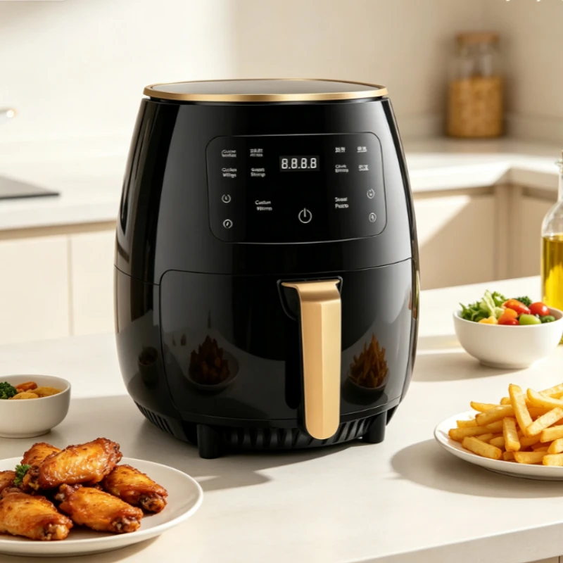 Heißluftfritteuse 6L mit Touchscreen, Ölfreies Gesundes Kochen für Hähnchenflügel, Pommes, Nüsse, Kuchen mit Timer und Warmhaltefunktion