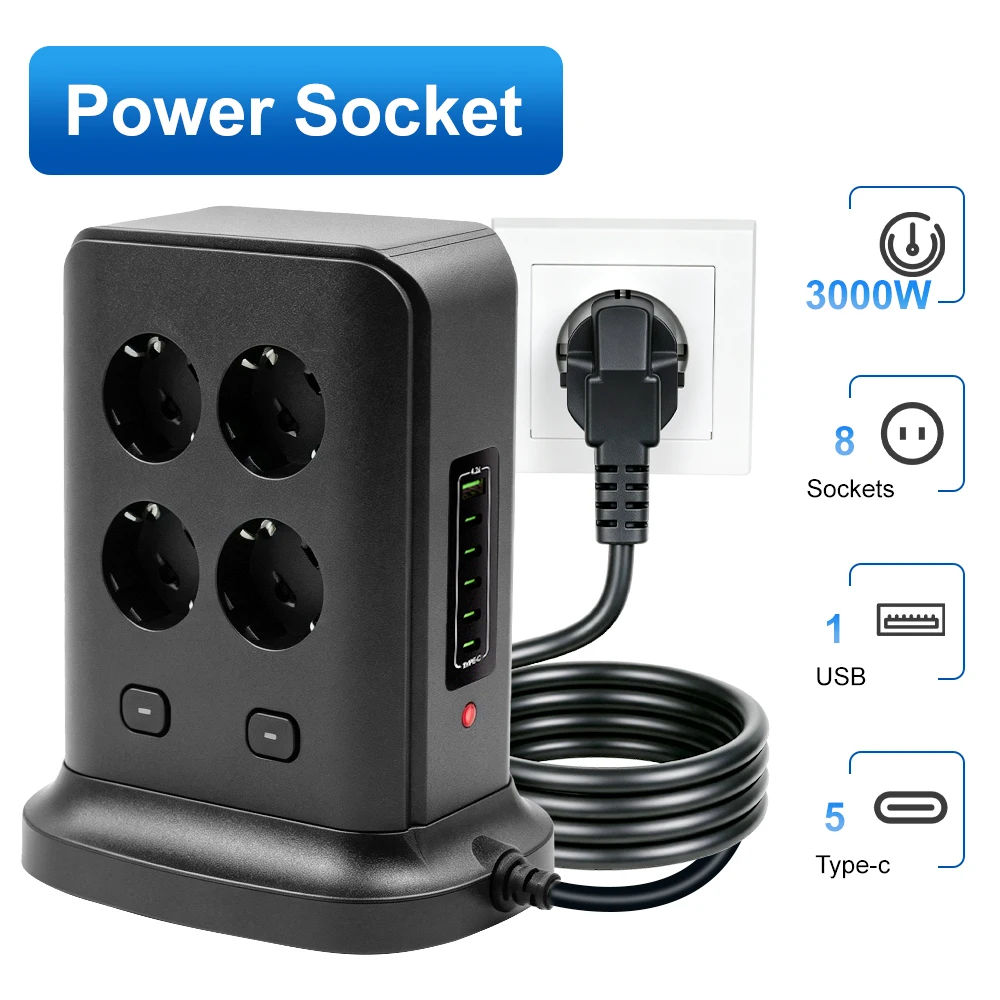 3000W EU plug Power Socket Switch 2/3M Extension Cable PD AC QC3.0 USB Fast Charger Adapter Family Outdoor Outlets Power Strip