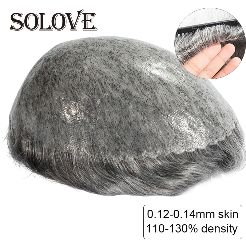 

Toupee Human Hair Men 0.12-0.014mm Skin With Knots Men's Wigs Black Brown Grey Hair Prosthesis For Men Natural Mens Hair System