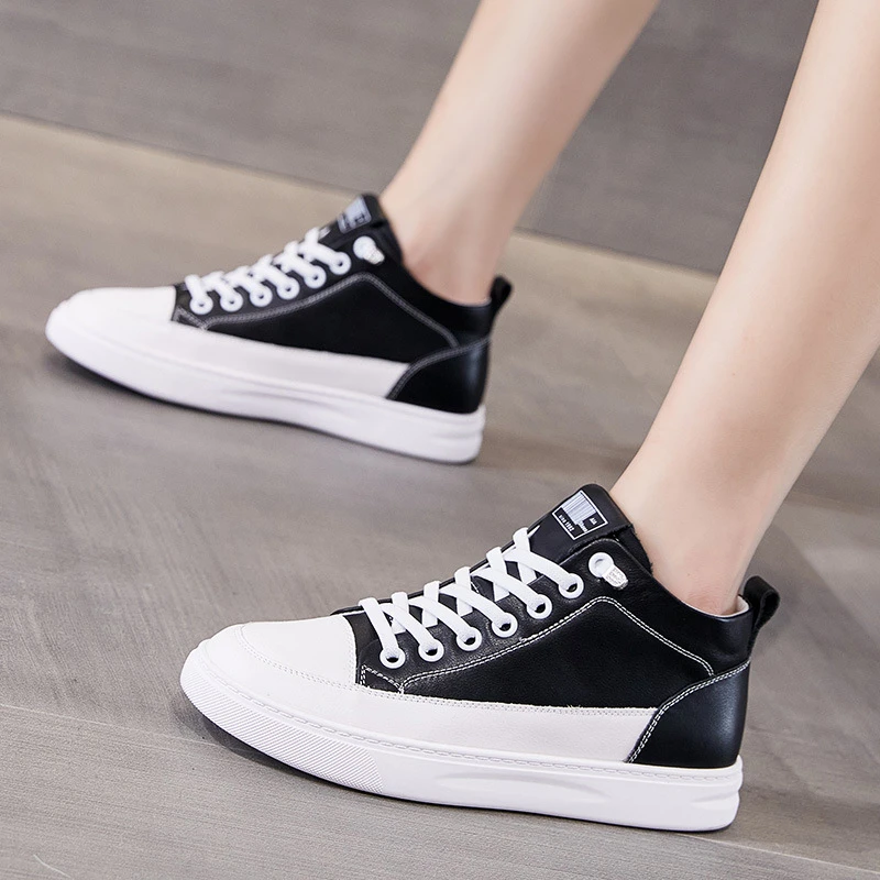 High Top Genuine Leather White Sneakers For Women 2026 All Season New No Tie Elastic Slip On Design Round Toe Thick Non Slip Rub