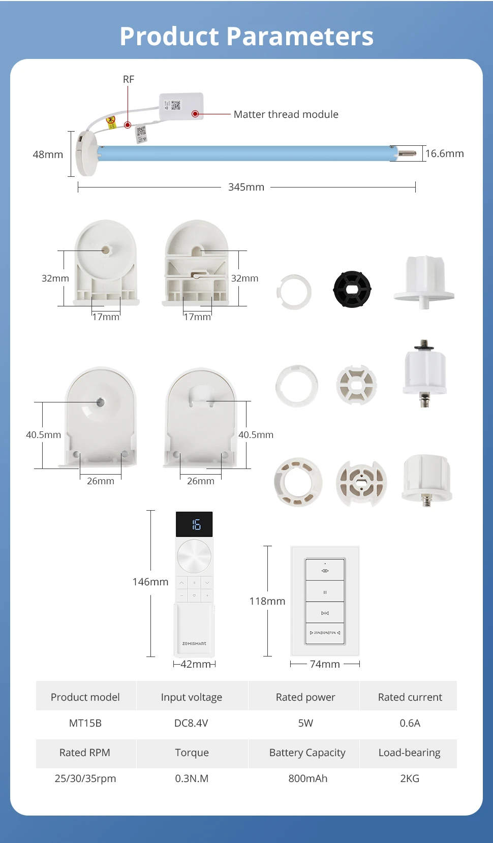 Zemismart Matter Thread Wiederaufladbarer Rolladenmotor für 20 25 28mm Rohre, Kompatibel mit Homekit, Google Home, Smartthings, Alexa – Detail 13