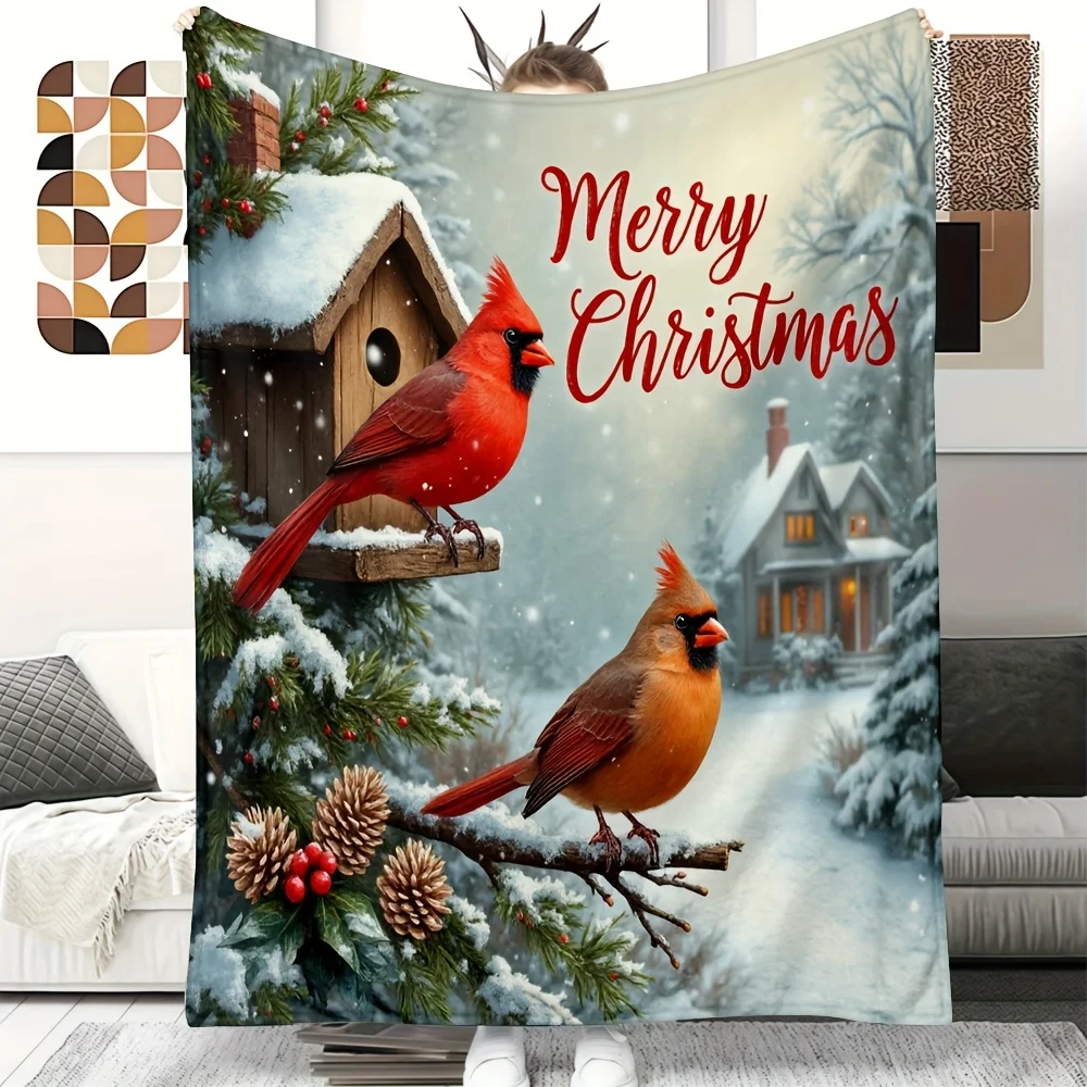 1pc Red Cardinal Winter Birds Christmas Blanket Soft Flannel All-Season Cozy Throw with Merry Christmas Lettering Snowy