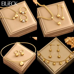 EILIECK 316L Stainless Steel Golden Balls Beads Necklace Earrings Temperament Fashion Waterproof Jewelry Set For Women Party