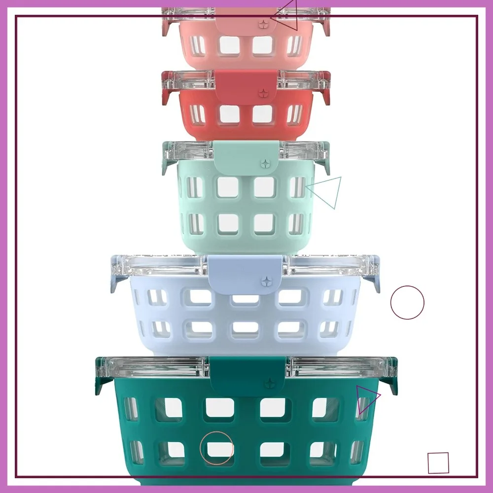 

Leak-Proof Glass Food Storage Containers with Silicone Sleeves and Airtight BPA-Free Lids, Dishwasher, Microwave, Freezer Safe