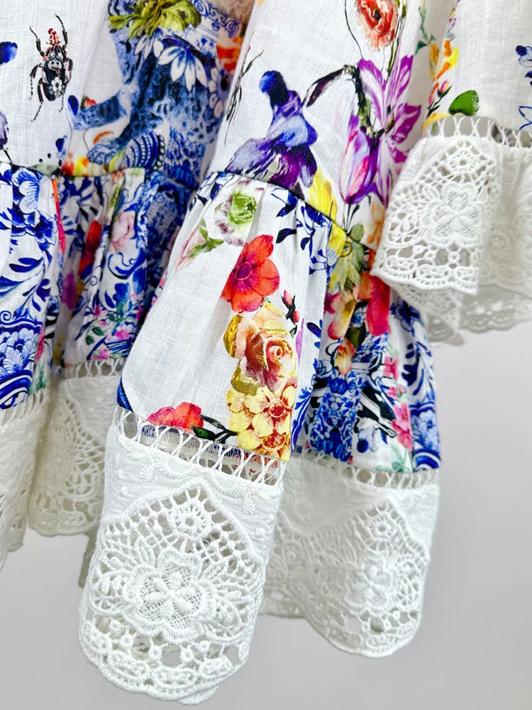 Vintage bedrukte jurk met één lijn hals, uitlopende mouwen en hoge taille 2025, lente damesmode patchwork kanten losse poefantrok