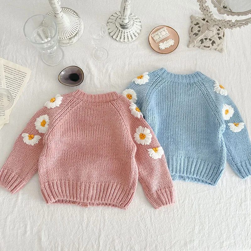 Toddler Baby Girls Sweater Coat Handmade Flower Embroidery Infant Baby Girl Knitting Cardigan Autumn Spring Baby Girl Clothing