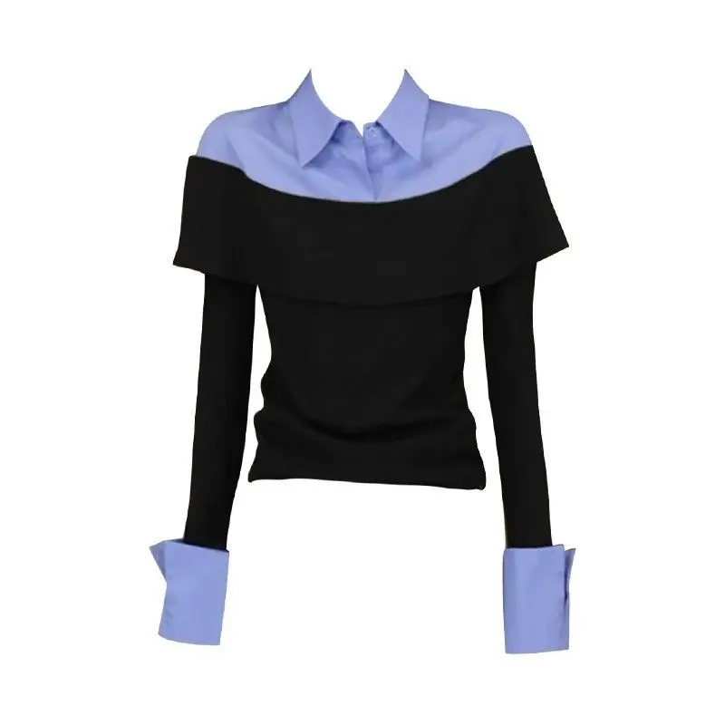 Y2K Preppy-style Tunic Blouse Contrast Color Patchwork Ruffles Polo Shirts Fake Two Piece Long Sleeve Slim Fit Korean Sweet Lady