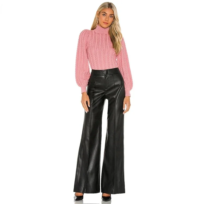 

Women High Waist PU Matte Wide Leg Pants Ladies Black Faux Leather Trousers Custom Slim Fashion Elegant New Clubwear Party 2024