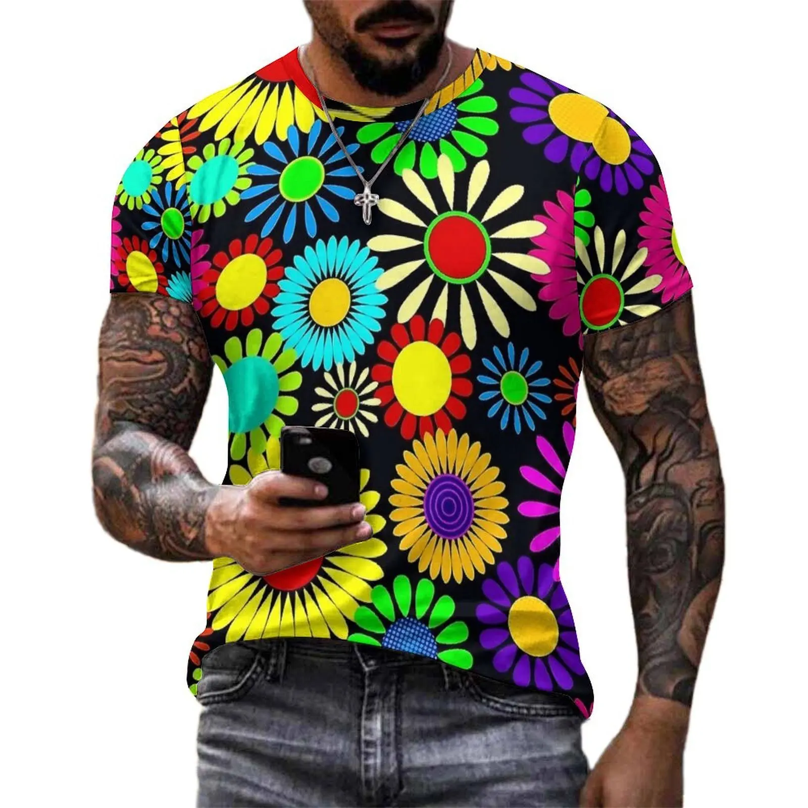 Retro Flower Power Print T-Shirt For Men O Neck T Shirts Summer Trendy Tops Short Sleeve Basic Oversized Tees Birthday Present