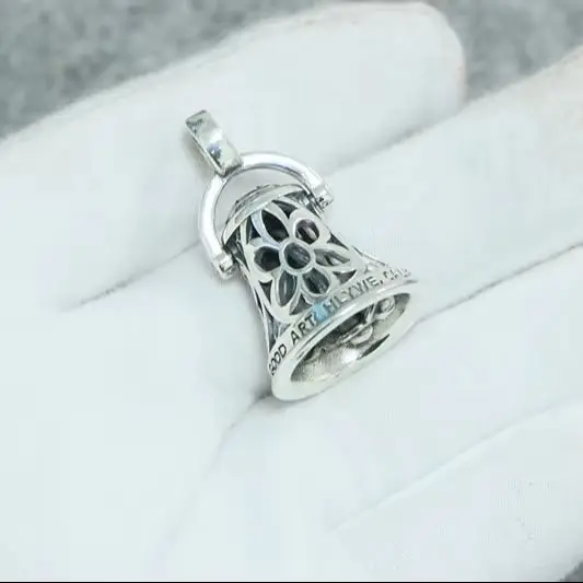 

European and American trendy silver jewelry, pure silver cherry blossom bell pendant, men's and women's trendy retro punk style
