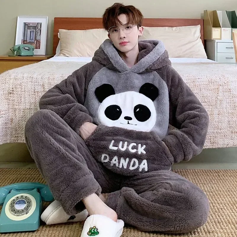 Hooded Cartoon Fleece Autumn Sleeves Loungewear Set Warm New Plush Coral 2023 Pajamas Long Sleepwear Winter Men's Thick