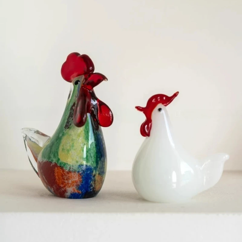 Colored glass chicken ornament,handmade blown artistic glass chicken statue,living room foyer desktop decor,fun handmade gift