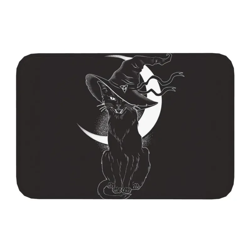 Custom Black Cat With Pointy Witch Hat Doormat Mat Anti-Slip Halloween Night Moon Bathroom Kitchen Toilet Rug Carpet 40*60cm