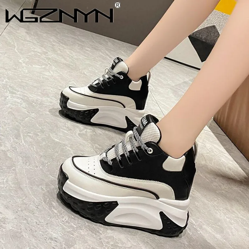 NEW Women Platform Breathable Leather Shoes Autumn Chunky Sneakers 10CM Wedge Hidden Heels Leisure Sports Casual Dad Shoes Woman