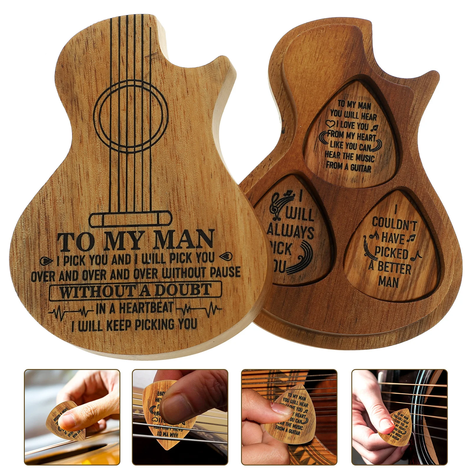 مجموعة واحدة من حقيبة تخزين الجيتار الخشبية تحمل 3 قطع منظم محمول مثالي لملحقات الجيتار هدية وحامل اختيار