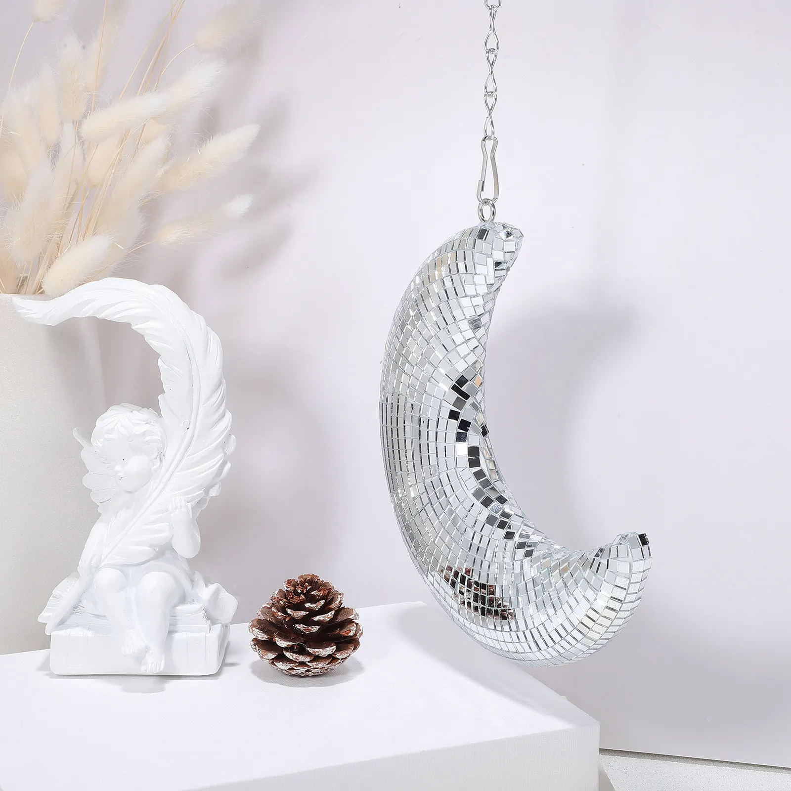 

Silver Moon Pendant Glass Disco Ball Decorative Hanging Ornament Indoor Wall Window Decor Reflective Moon Wall