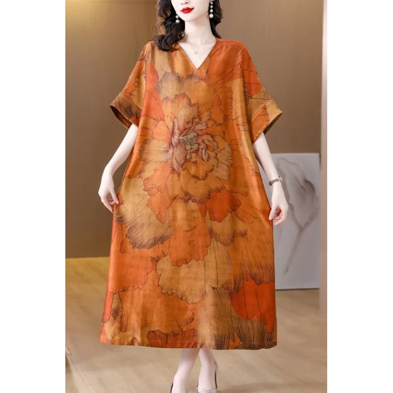 2023 New Fashion Silk Printed Dress Women\'s Spring Elegant Versatile 5/4 Sleeve Large Loose Fit Casual D Holiday Dress Vestidos