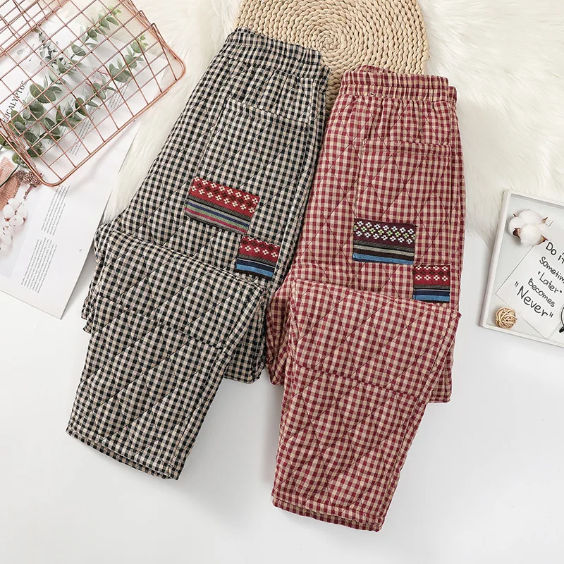 Thickened Cotton Pants Women's Patchwork Plaid Cotton Trousers Harlan Casual Warmth High Waist Long Pants Winter Wear