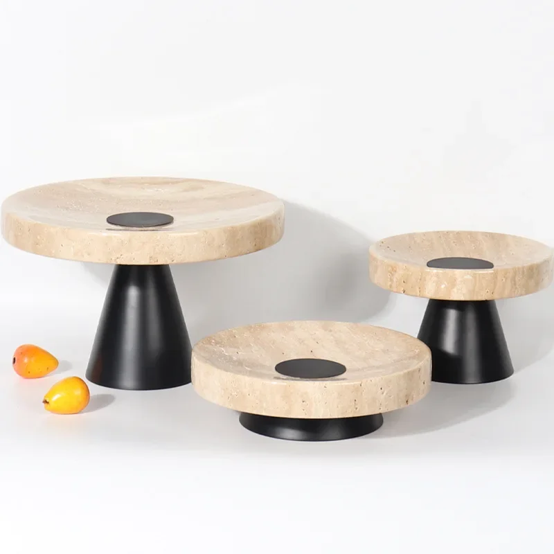 

Beige Travertine Tray with Metal Base Vintage Natural Marble Serving Tray Round Cake Stand Fruit Bowl Home Decor