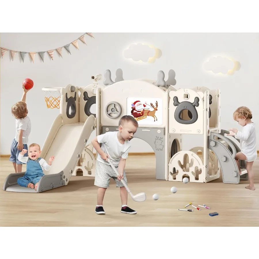 

Toddler Slide 11 in 1 Toddlers Playset New Upgrade with Slide Drawing Board Golf Set Basketball Hoop and Storage Space for Todd