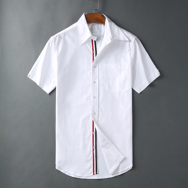 TB THOM Men\'s Shirts Fashion Brand High Quality Causal Blouse Summer Breathable Cotton Oxford Short Sleeve Striped TB Top