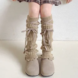 Autumn Winter Children Leg Warmers Lolita Lace Bowknot Knitted Socks Baby Girls Warm Foot Cover Cute Sweet Socks Long Stockings