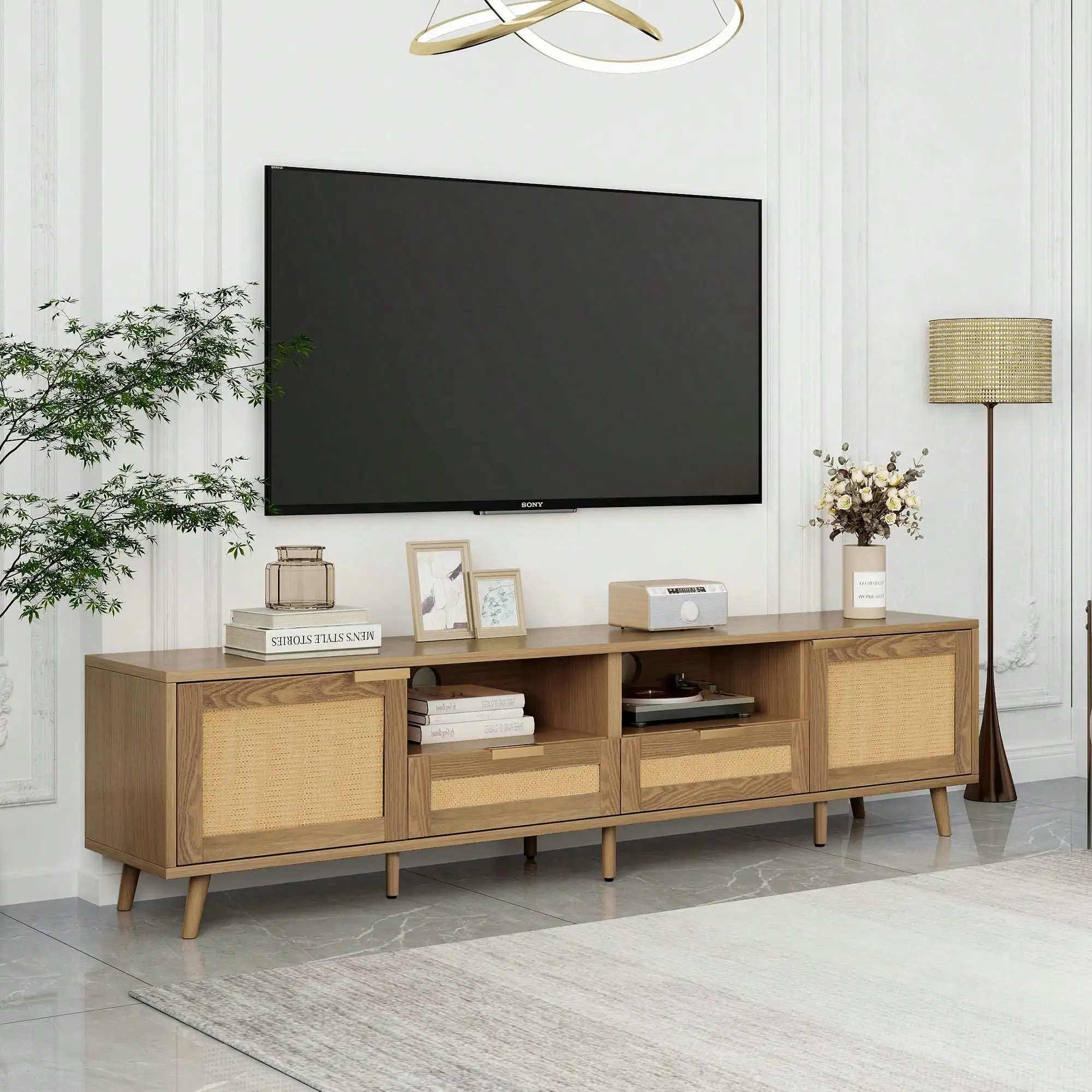KOMHTOM TV-Schrank und Sideboard mit Rattantüren, Kommode mit 2 offenen Fächern, 2 Türen und 2 Schubladen