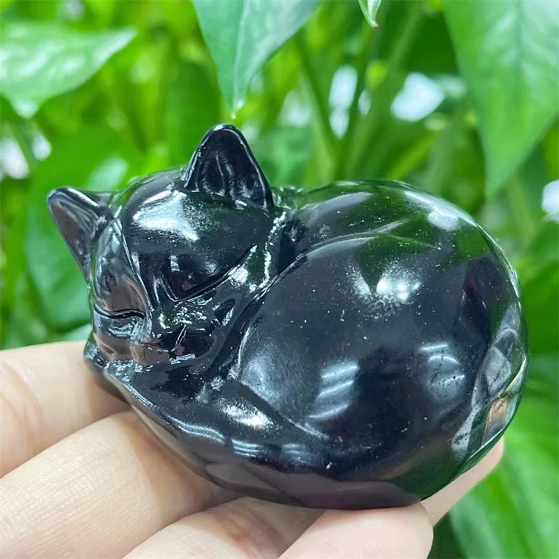 Natural Black Obsidian Sleeping Cat Reiki Home Room Decoration Crystals Quartz Accessories Gemstone Gift 1PCS 5.5CM