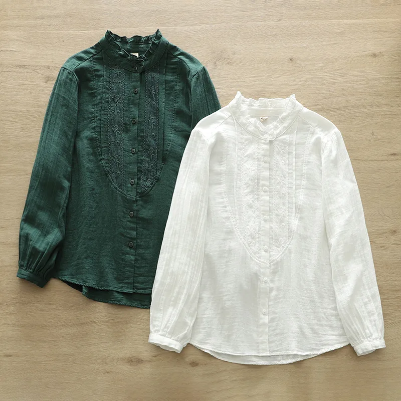 Mori Girl Japan Style Stand Collar Long Sleeve White Green Blue Embroidery Shirts and Blouses Designer Cotton Camisas De Mujer