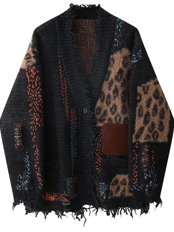 Thickened Heavy-Work Fringe Sweatshirt Loose Women's Cardigan Coat Color Block Soft Knitted Geometric Pattern V-Neck Long Sleeve