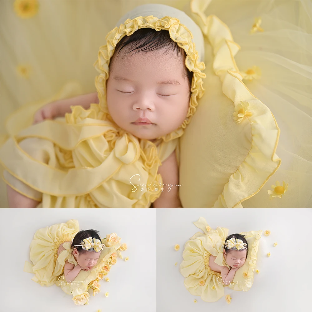 مجموعة دعائم التصوير الفوتوغرافي لحديثي الولادة زي من الدانتيل باللون الأصفر الكريمي مع عصابة رأس على شكل قبعة وإكسسوارات للأطفال لدعائم التقاط الصور في الاستوديو #6