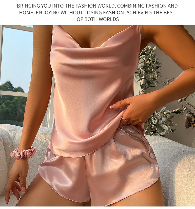 Sling Satin Seide Pyjama Set Anzug T-Shirt Pj Set Zweiteilige weiche Nachtwäsche Loungewear rückenfreie Dessous Pjs Cami Top und Shorts – Detail 12