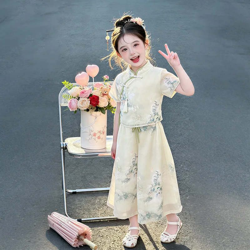2026 Hanfu Summer Girls Clothes Child Set Thin Ancient Costume Teen Mesh Chinese Floral Shirt Top + Wide Leg Pants 4 8 12 14 Yea