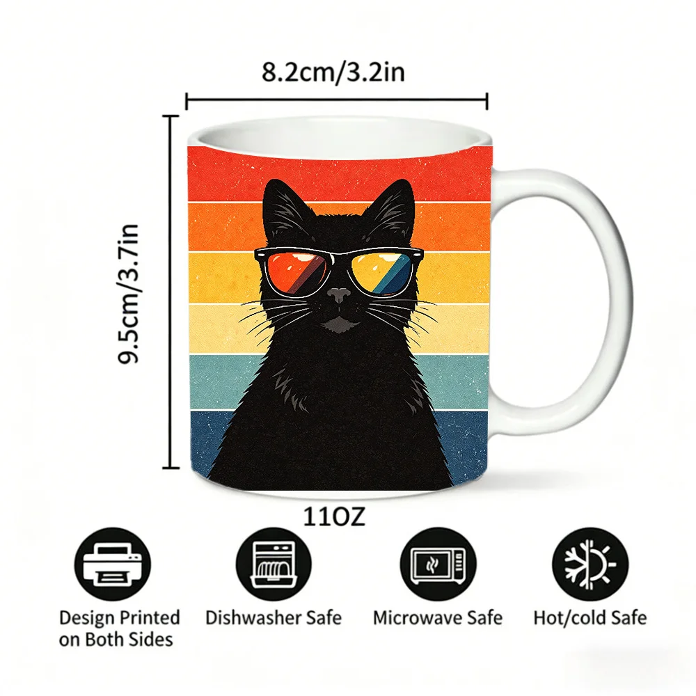 Retro Striped Black Cat Mug Cool Cat with Sunglasses Coffee Cup, Milk Cup, Office Tea Cup, Drinking Cup, Gift for Friends